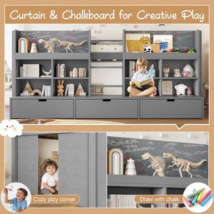 English Elm Twin Xl Low Loft Bed with Curtain Hideaway Chalkboard and Built-in Storage Shelves W1580S00400