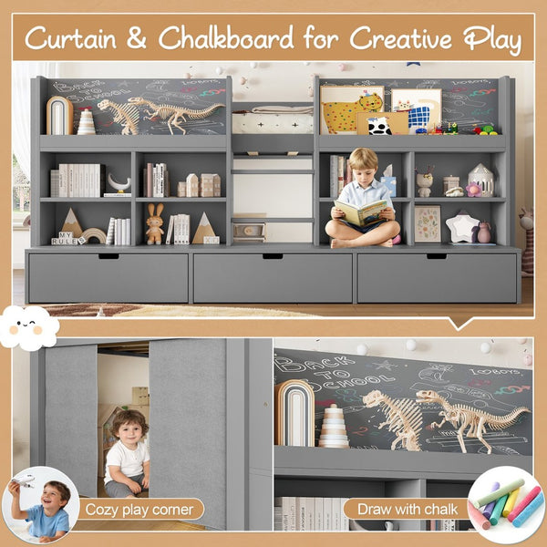 English Elm Twin Xl Low Loft Bed with Curtain Hideaway Chalkboard and Built-in Storage Shelves W1580S00400