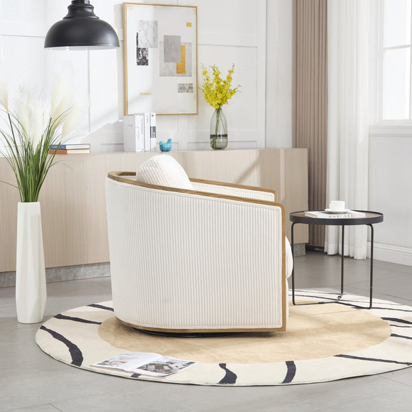 English Elm Corduroy Swivel Barrel Chair with Sturdy Wood Frame & Metal 360° Base, Plush Corduroy Comfort Pop Beige W395P220270