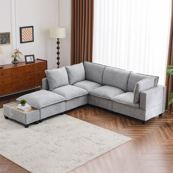 English Elm 90" U-shaped Sectional Sofa Modular Couch with Movable Ottoman, Hidden Charging Coffee Table, Durable Comfort Grey N719S001780E
