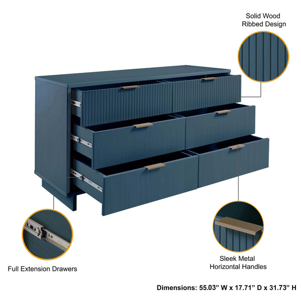 English Elm Granville 55" Dresser In Midnight Blue - Stylish 6-Drawer Storage With Glam Hardware & Modern Design B365S00089