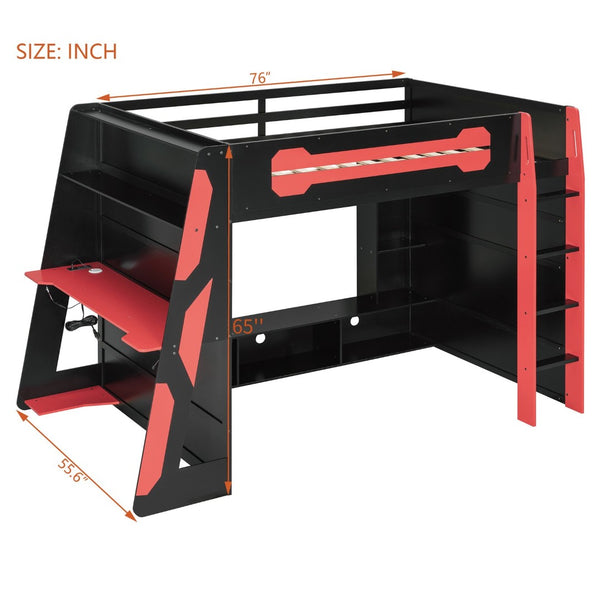 English Elm Full Size Wood Loft Bed with Rgb Lighting Desk Storage and Gaming Console Shelf Red LT000260AAR