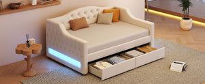 English Elm Upholstered Twin XL Daybed with LED Belt and Two Underbed Drawers, Linen Backrest, Modern Storage Elegance Beige DL002060AAA