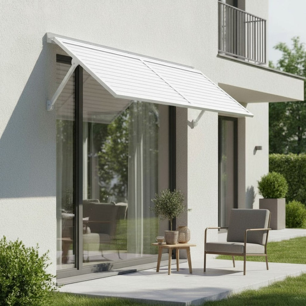 English Elm Haze Aluminum Exterior Awning White Powder Coat Finish for Entryways and Windows B2755P462227