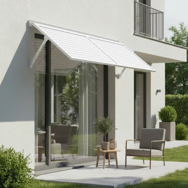 English Elm Haze Aluminum Exterior Awning White Powder Coat Finish for Entryways and Windows B2755P462227