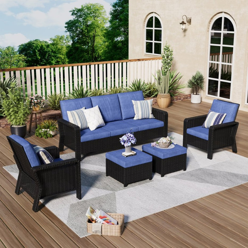 English Elm Tl Five Piece Outdoor Wicker Seating Set with Sofa Armchairs and Weather Resistant Cushions W5382S00006