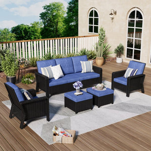 English Elm Tl Five Piece Outdoor Wicker Seating Set with Sofa Armchairs and Weather Resistant Cushions W5382S00006
