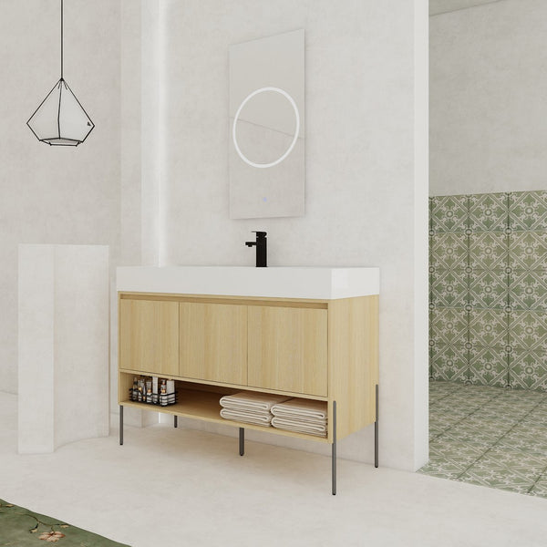 English Elm 48" Oak Bathroom Vanity Combo with One-Piece Resin Sink, Tripod Legs, Multi-Layer Solid Wood Cabinet W1972S00010