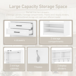 English Elm 4-in-1 Hall Tree with Bench, 7 Hooks, 2 Cabinets & 4 Drawers for Entryway Storage and Seating White W1580S00090