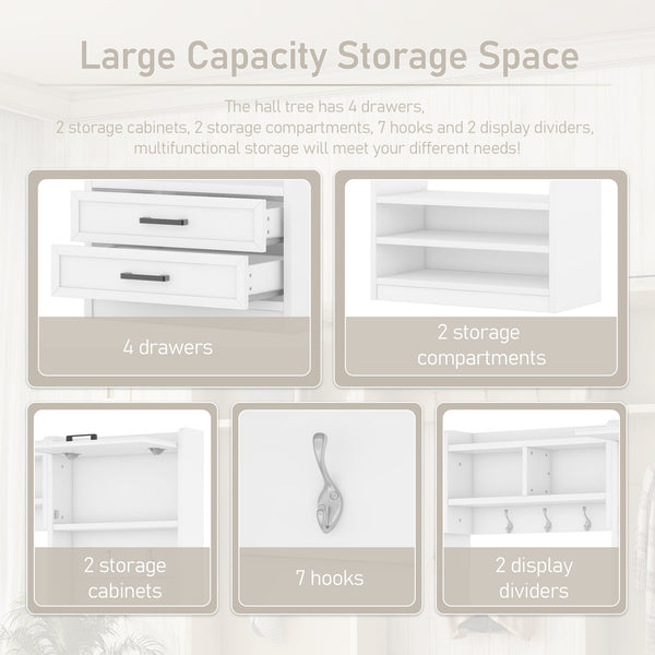 English Elm 4-in-1 Hall Tree with Bench, 7 Hooks, 2 Cabinets & 4 Drawers for Entryway Storage and Seating White W1580S00090