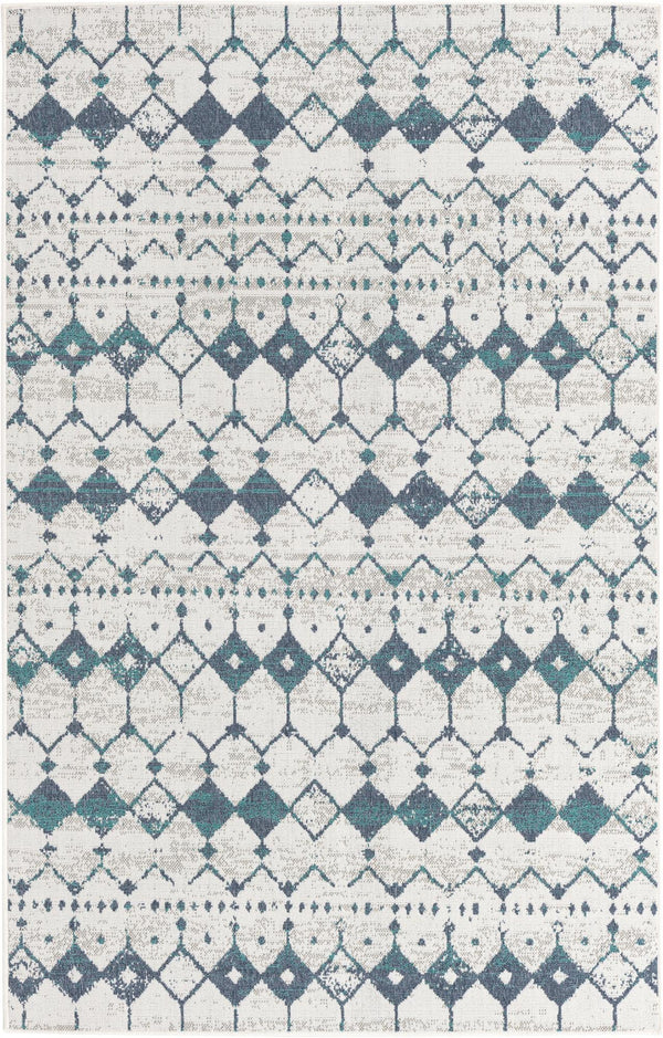 Unique Loom Outdoor Trellis Cardak Machine Made Geometric Rug Ivory and Blue, Navy Blue/Gray/Green 5' 3" x 8' 0"