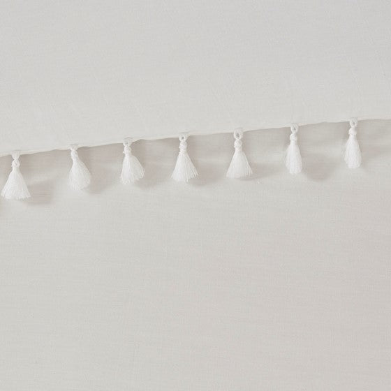 English Elm Full/Queen Lillian 3-Piece Cotton Percale Duvet Cover Set Ivory with Tassel Trim, Button Closures, Breathable Comfort B03597326