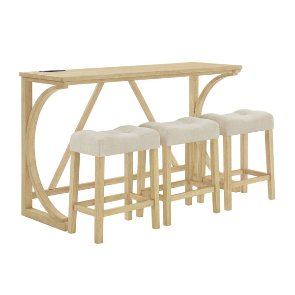 English Elm 59 Inch Bar Table Set with Power Outlet Rubberwood Frame and 3 Linen Stools Light Oak W2972P385256