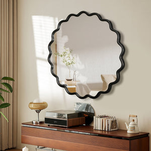 English Elm Solid Wood Wavy Mirror - Elegant Black Vanity Decor For Bathrooms, Living Rooms, And Entryways W1445P189554-GIGA