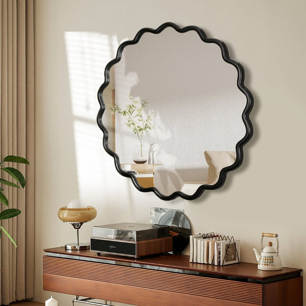 English Elm Solid Wood Wavy Mirror - Elegant Black Vanity Decor For Bathrooms, Living Rooms, And Entryways W1445P189554-GIGA