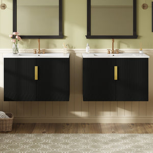 English Elm 60" Vintage Bathroom Vanity with Ceramic Sink Wall-Mount Modern Striped Design Durable MDF Wood Finish Black N710SS00010B