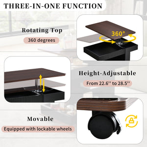 English Elm U-Can Modern Adjustable End Table with 360° Rotating Lift-Top, Lockable Wheels and Storage Space Black+Brown N724P292505B