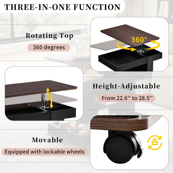 English Elm U-Can Modern Adjustable End Table with 360° Rotating Lift-Top, Lockable Wheels and Storage Space Black+Brown N724P292505B
