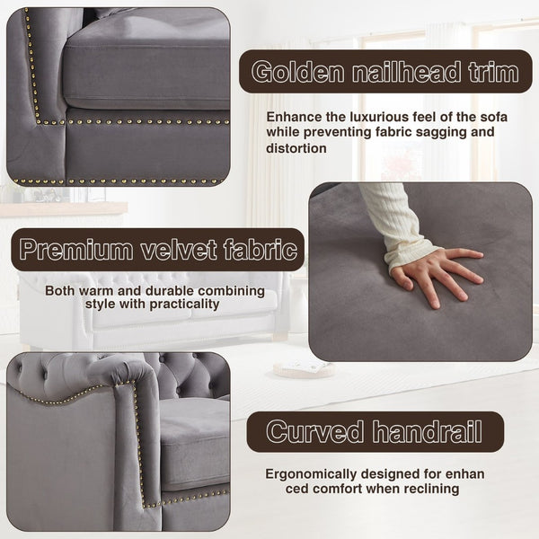 English Elm 3-seater and 2-seater Chesterfield Velvet Sofa Set with Tufted Back Gold Stud Trim Grey W1926S00106