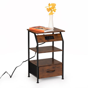 English Elm Rustic Nightstand with Drawer, Shelves, USB Charging & AC Outlets, LED Strip, Remote Control End Table W2181P191357