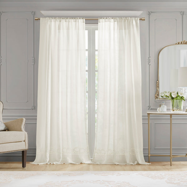 JLA Home Croscill Classics - Embroidery semi-sheer curtain panel with linen-like texture, embroidered link hem for airy elegance White CCL40-0053