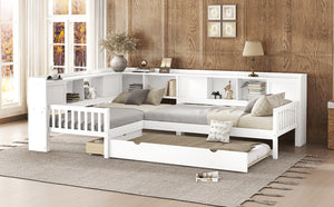 English Elm L-shaped Twin Platform Bed with Trundle, Solid Wood Corner Sleeper with Drawers, Shelves, No Box Spring Needed White W1580S00259