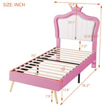 English Elm Twin Size Upholstered Bed Frame With Led Lights, Modern Upholstered Princess Bed With Crown Headboard,White+Pink