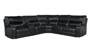 English Elm Saul Black Faux Leather Power Recliner Sectional with USB Ports, Cupholder Console & Storage - Sleek Comfort B2726S00121