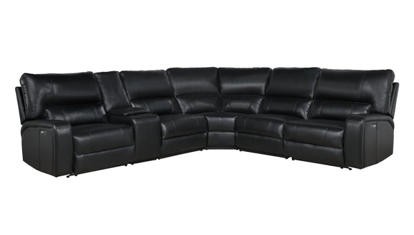 English Elm Saul Black Faux Leather Power Recliner Sectional with USB Ports, Cupholder Console & Storage - Sleek Comfort B2726S00121