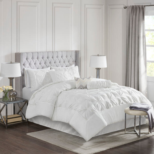 English Elm 7-piece Queen Tufted Pleated Comforter Set with Shams Bed Skirt Decorative Pillows White B035P463183