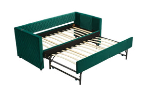 English Elm Emerald velvet daybed with diamond tufted pull-out trundle, modern sturdy frame, luxe guest bed for living spaces W1361S00033