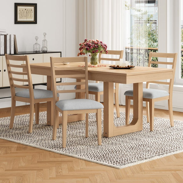 English Elm 2-piece Farmhouse Ladder Back Dining Chair Set Rubberwood Frame Upholstered Seat Kitchen Natural+Beige N752P436723N