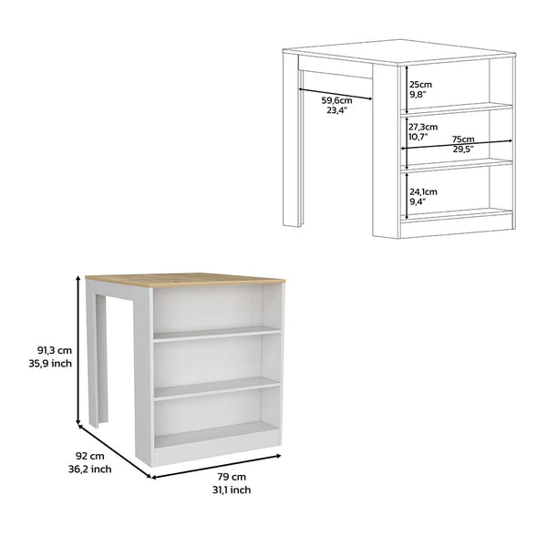 English Elm Kitchen Island Table With Two Legs And Three Open Shelves In White/Pine - Perfect For Small Spaces! B097S00133