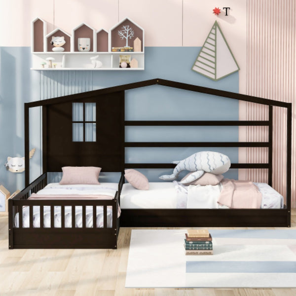 English Elm Wood House Bed L-shaped Twin Frame Pinewood Kids Room Peaked Roofline Espresso Finish LP001345AAP