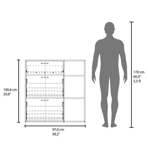 English Elm Showie 3-Door Shoe Rack in Walnut Finish with Adjustable Shelves, Drawer & Side Storage for Entryway B200P363786