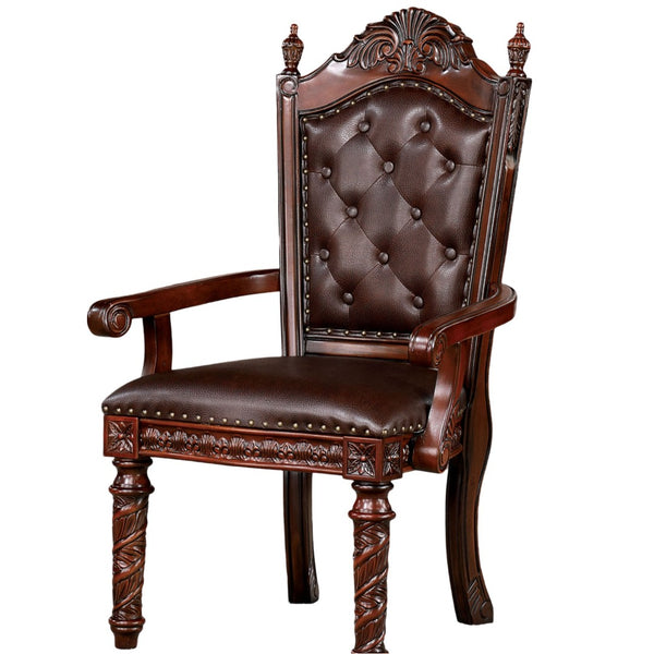 English Elm Traditional 2Pcs Arm Chairs - Brown Cherry Solid Wood, Tufted Dark Brown Leatherette For Dining Elegance B011P234704-GIGA