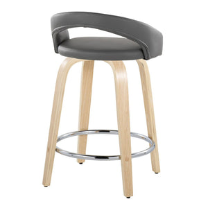 English Elm Fixed-height Swivel Counterstools Natural Wood Frame Grey Faux Leather Chrome Footrest Pair B202S01757