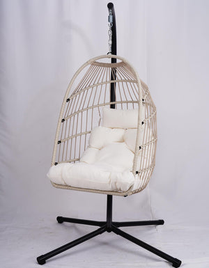 English Elm Outdoor Egg Hanging Chair with Stand - Light Gray Wicker Hammock, 350lb Steel Frame, Cozy Washable Cushions W2500P262991