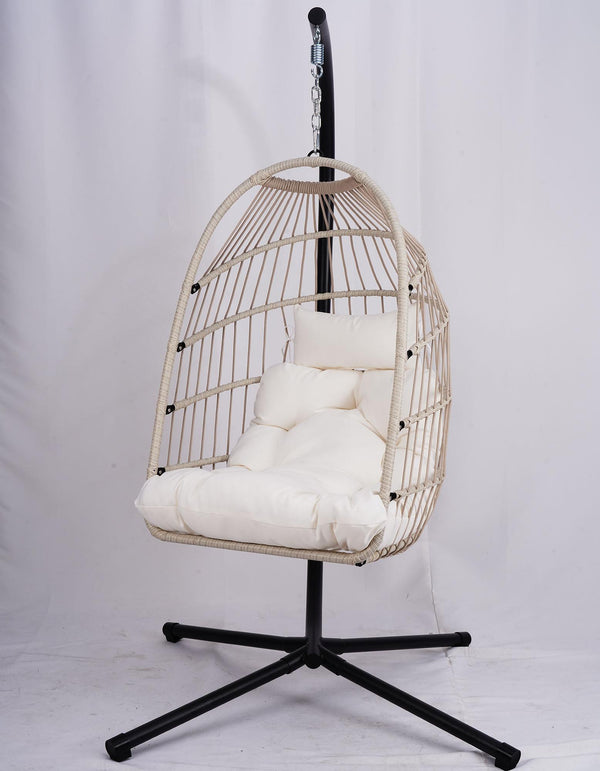 English Elm Outdoor Egg Hanging Chair with Stand - Light Gray Wicker Hammock, 350lb Steel Frame, Cozy Washable Cushions W2500P262991