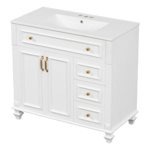 English Elm 36" Modern Bathroom Vanity with Ceramic Sink, Gold Handles, Flip-Out Drawer & Soft-Close Doors White N725P283623K