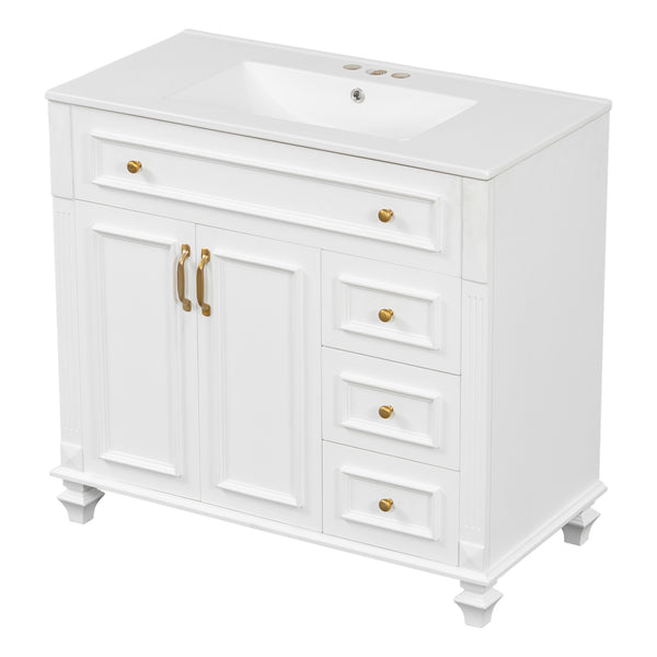 English Elm 36" Modern Bathroom Vanity with Ceramic Sink, Gold Handles, Flip-Out Drawer & Soft-Close Doors White N725P283623K