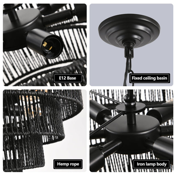 English Elm 24" Rustic 5-Tier Black Hemp Rope Chandelier – 8 E12 Sockets, Adjustable 150cm, Boho Farmhouse Fixture W1340P241299