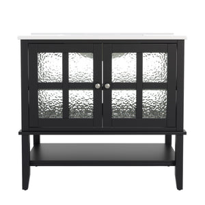 English Elm Christopher Knight Home® - 36" Bathroom Vanity with Ceramic Sink, Solid Wood Legs, Waterproof Finish, Soft-Close Hinges, Open Shelf, Silver Knobs Black N817P286249B