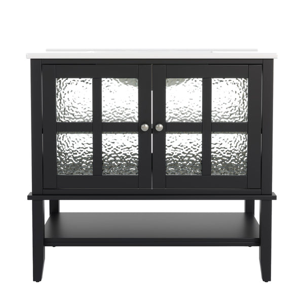 English Elm Christopher Knight Home® - 36" Bathroom Vanity with Ceramic Sink, Solid Wood Legs, Waterproof Finish, Soft-Close Hinges, Open Shelf, Silver Knobs Black N817P286249B