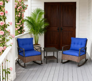 English Elm Patio Wicker Rocking Set with Tufted Cushions and Two Tier Table for Porch Garden T3971P419133