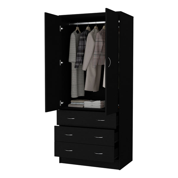 English Elm FM FURNITURE Prescott Armoire Black - Elegant 2-Door Closet with 3 Drawers, Hanging Rod, Durable Design B128S00062