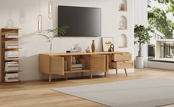 English Elm 70inch Rattan Door Media Console with Pine Legs and Cable Management for Living Room N710P365047P