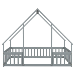 English Elm Full House-Shaped Floor Bed with Fence and Guardrails, Pine Wood Play Loft for Imaginative Kids Retreat Grey W504P143293