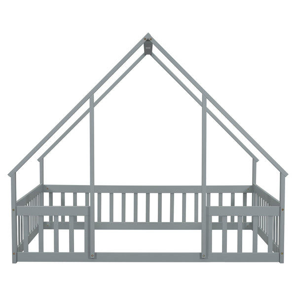 English Elm Full House-Shaped Floor Bed with Fence and Guardrails, Pine Wood Play Loft for Imaginative Kids Retreat Grey W504P143293