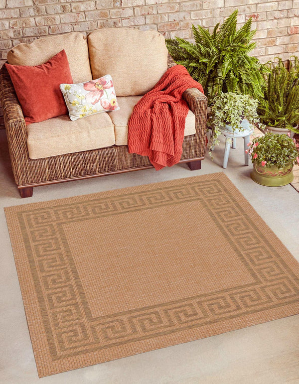 Unique Loom Outdoor Border Greek Key Machine Made Geometric Rug Light Brown, Light Brown/Tan/Brown 5' 4" x 6' 1"